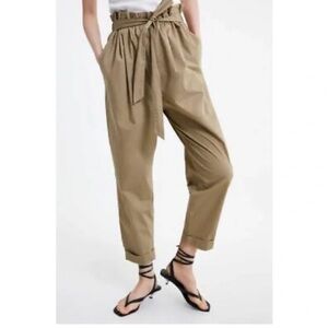 Zara Khaki Paperbag Waist Cropped Pants